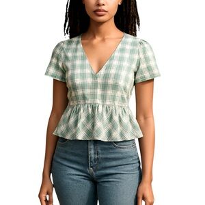 Hollister Green White Plaid Peplum Cropped V-Neck Peasant Top Cottage Pr…